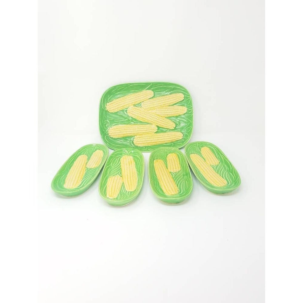 Vtg Majolica‎ corn platter plate set 1950's Japan mid century kitchen farmhouse